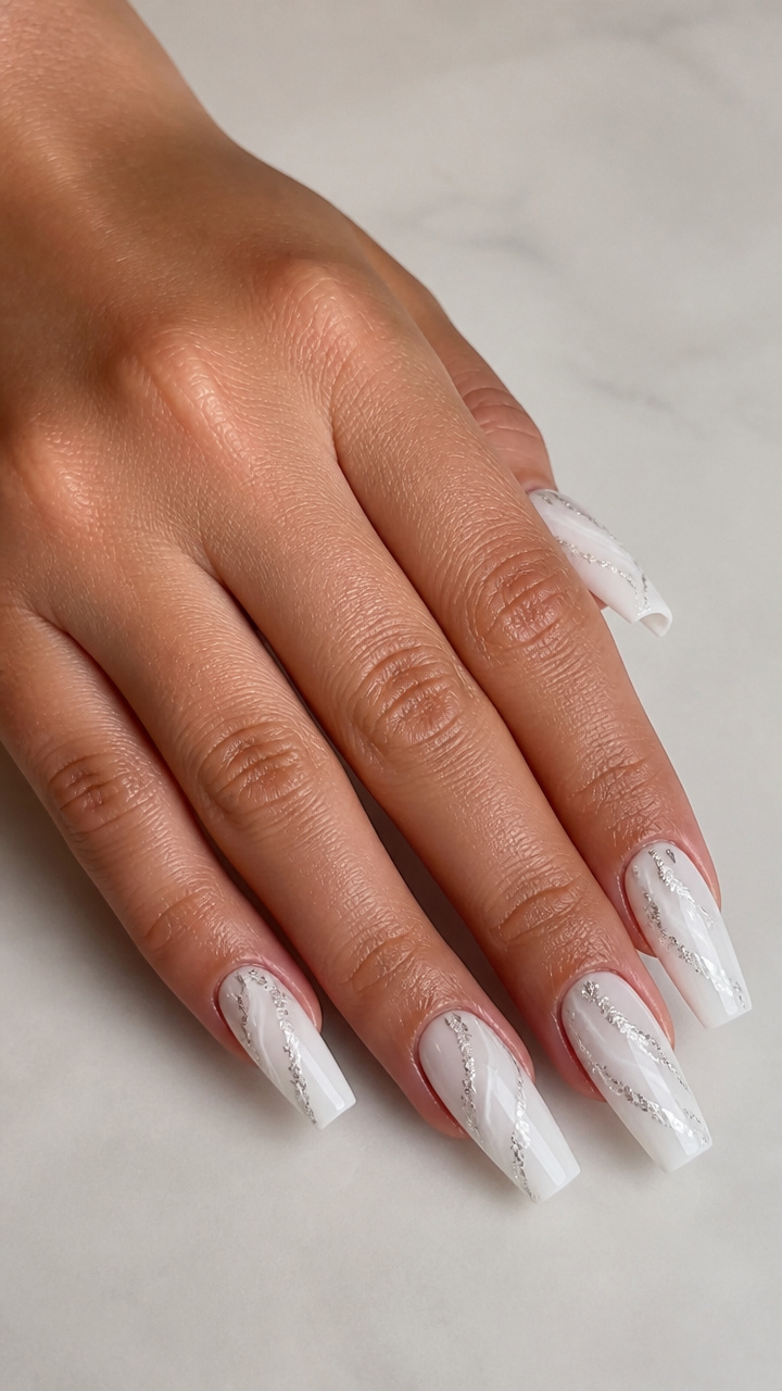 Crisp White Coffin Tips with Silver Foil Swirls