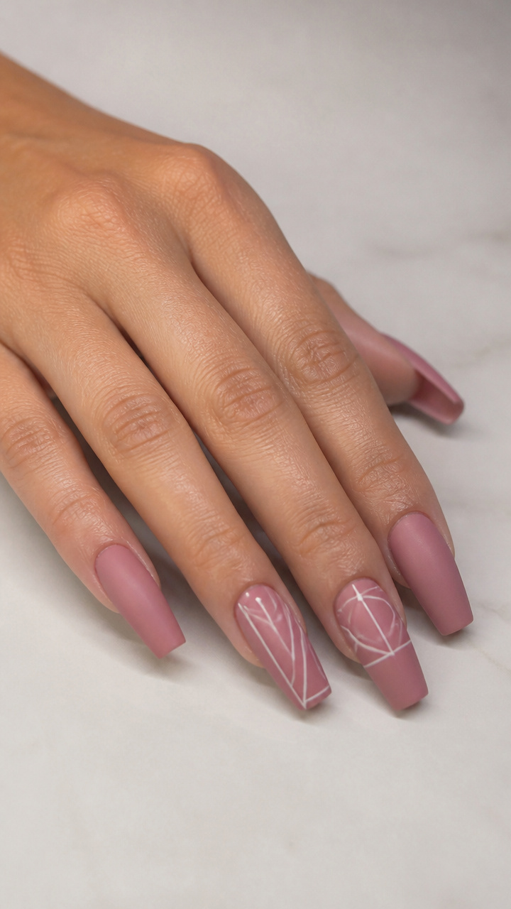 Dusty Rose Matte Coffin with Minimalist Line Art