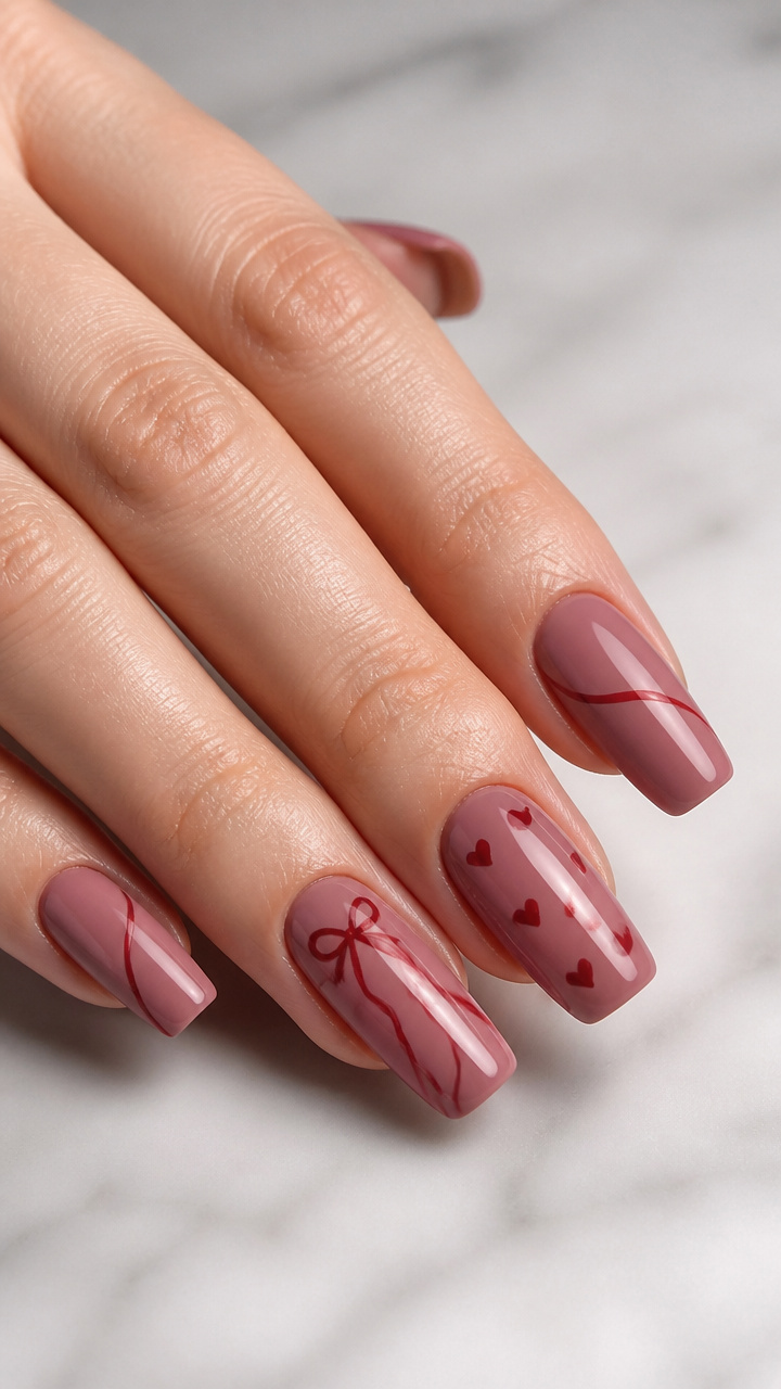 Dusty Rose Square Nails with Ribbon Trail