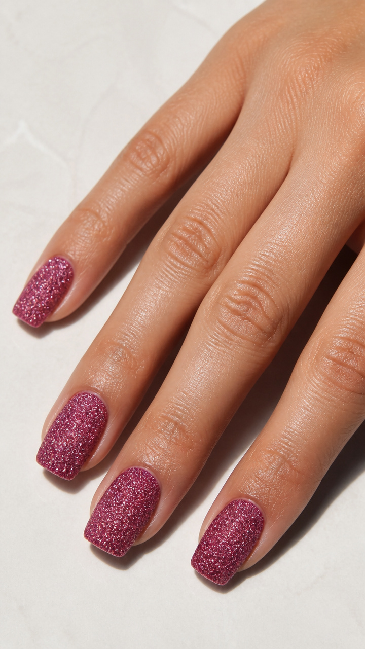Frosted Magenta Glitter Dip Nails