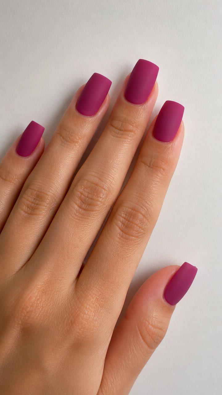 Frosted Magenta Square Nails with Matte Top Coat