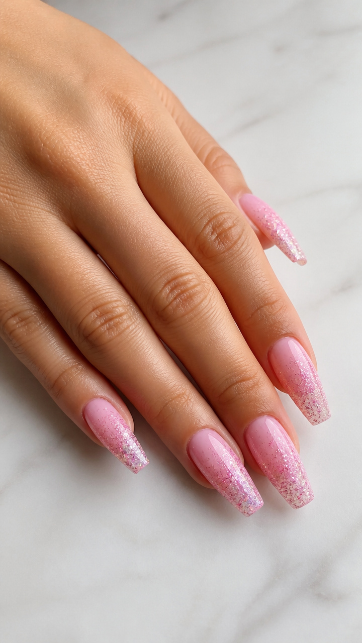 Glitter Gradient Pink Coffin Nails