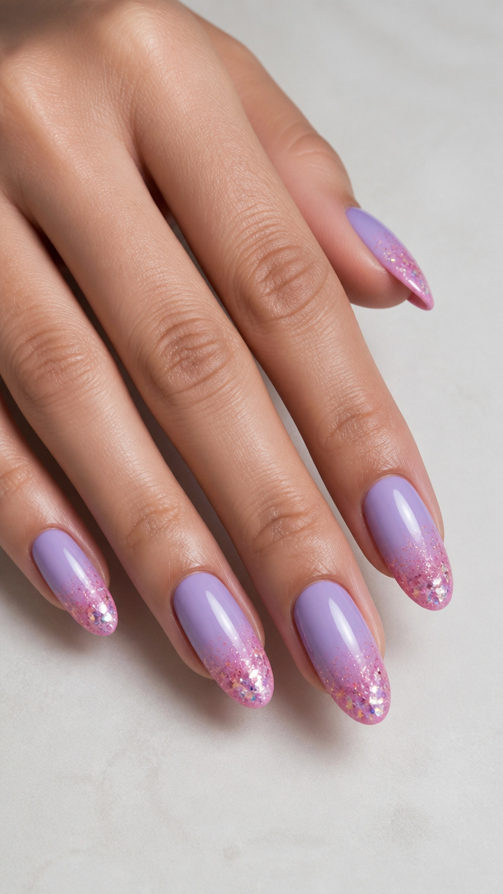 Glitter Gradient Tips on Soft Lilac Base