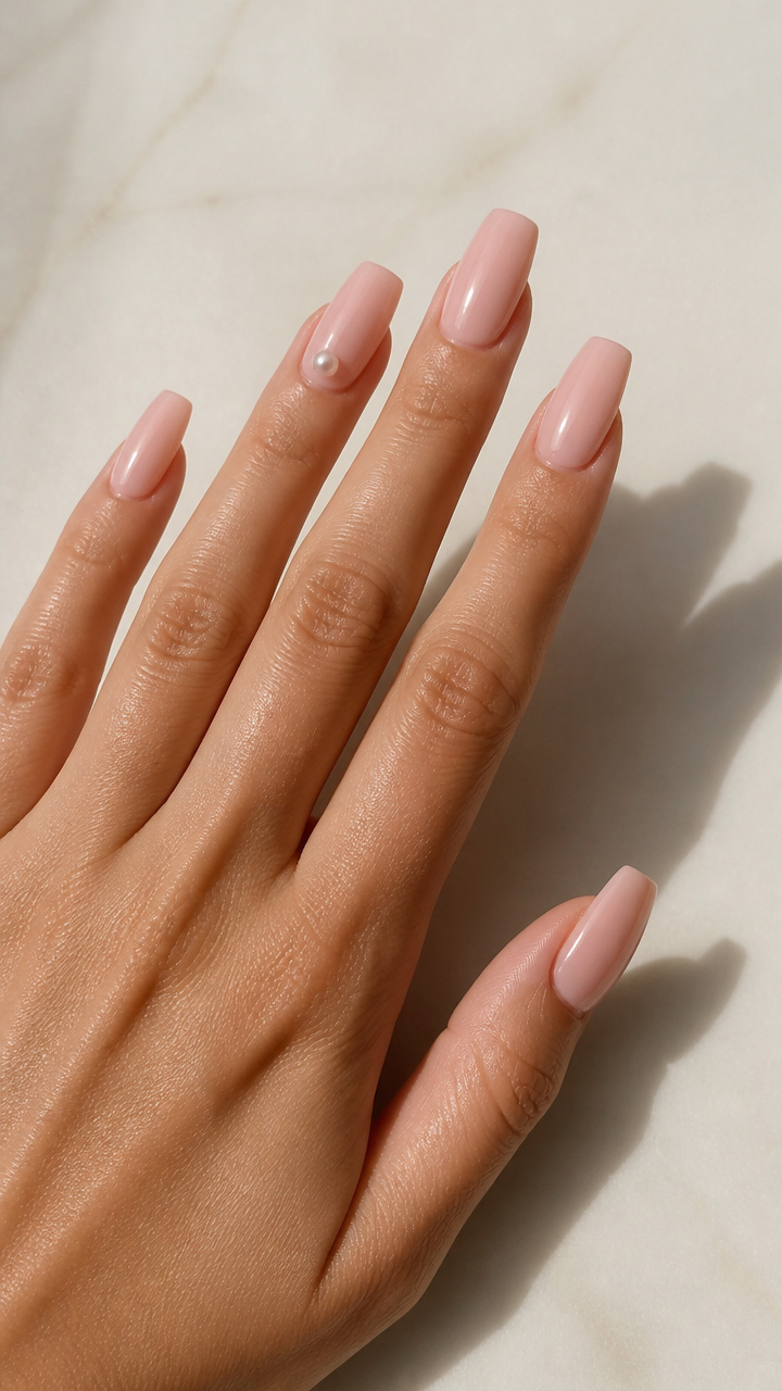Glossy Ballet Slipper Coffin Nails with Pearl Accent