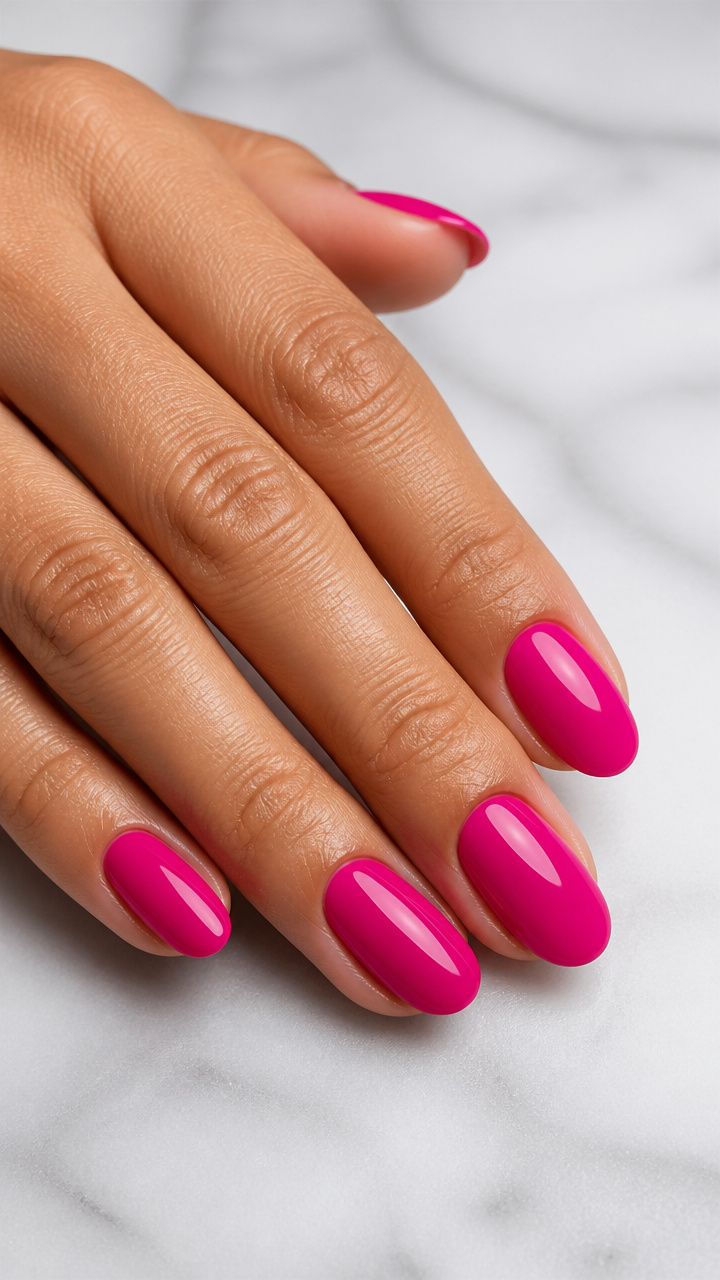 Glossy Fuchsia Pink Oval Nails