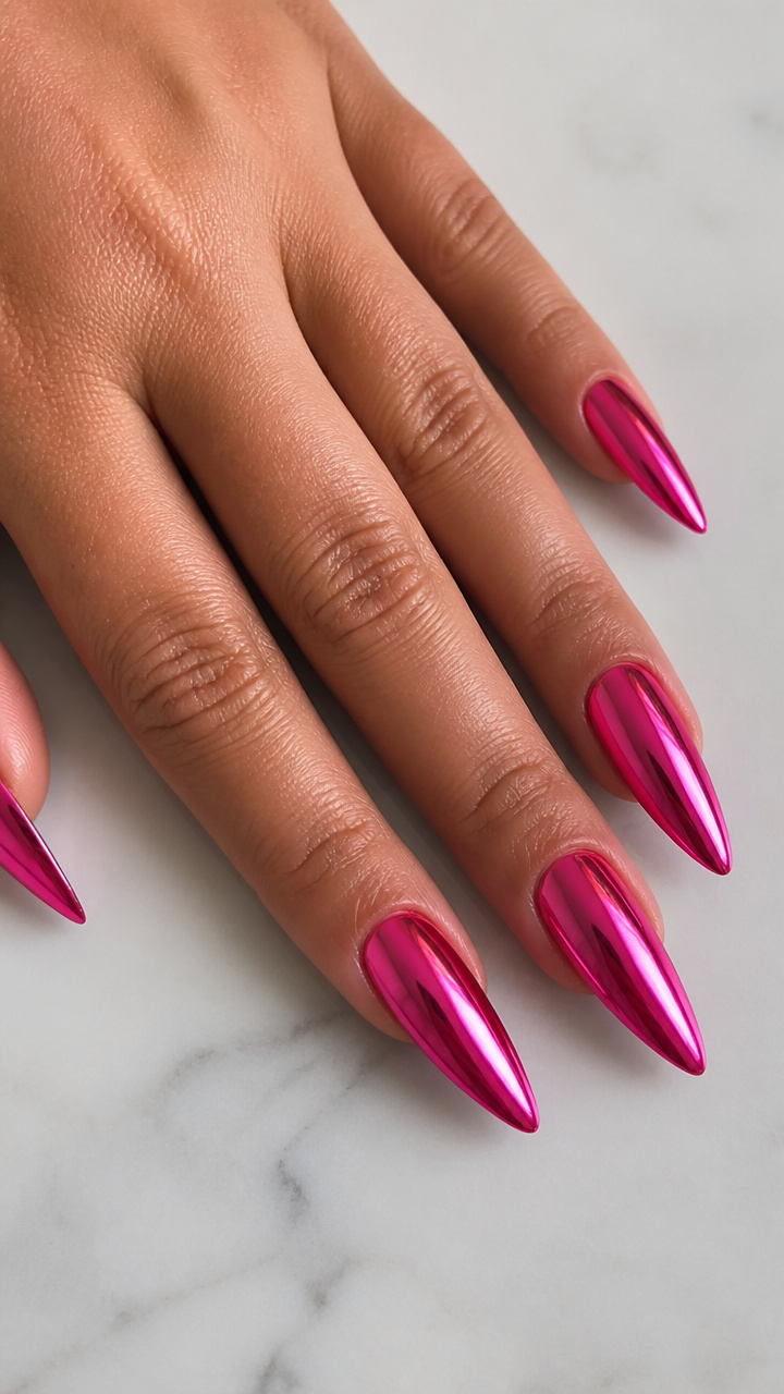 Hot Pink Chrome Stiletto Nails