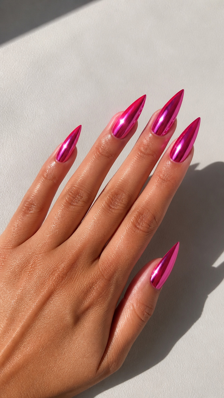 Hot Pink Chrome Stiletto Nails