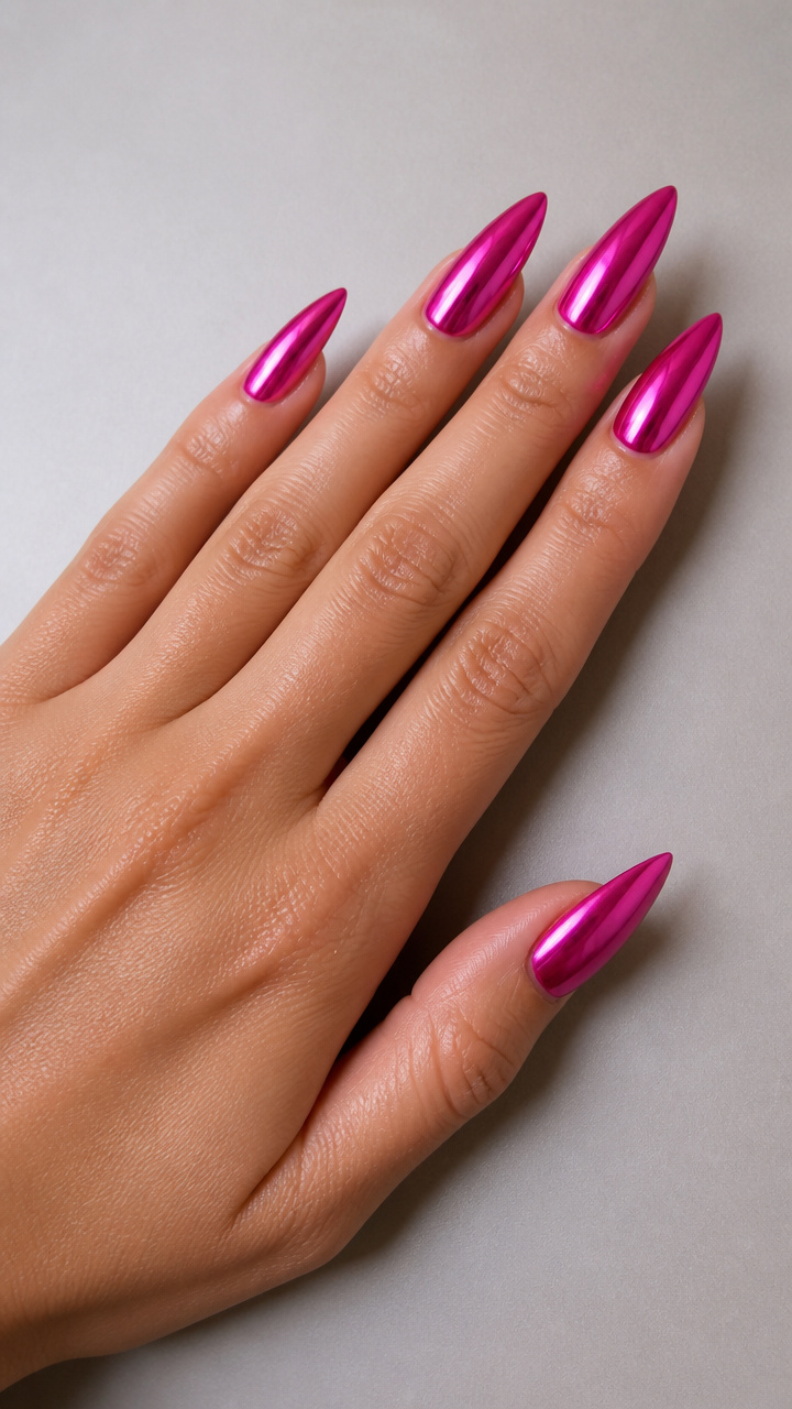 Hot Pink Chrome Stiletto Nails