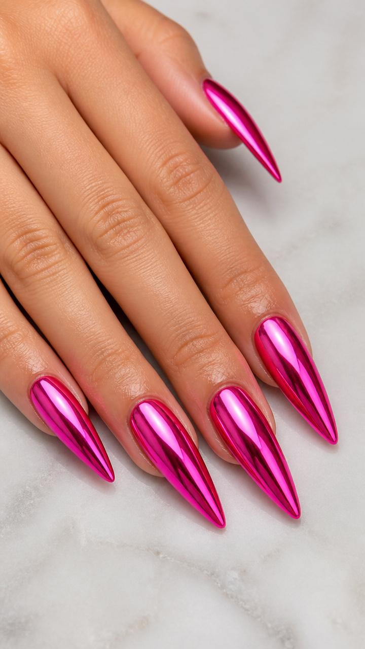 Hot Pink Chrome Stiletto Nails