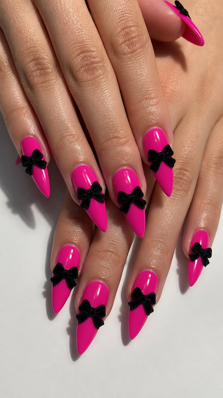 Hot Pink Stiletto with Black Velvet Bows