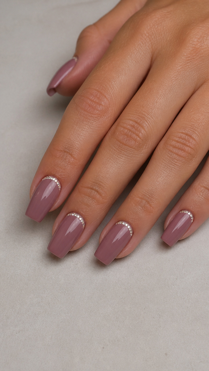 Mauve Pink Coffin Tips with Rhinestone Smile Line