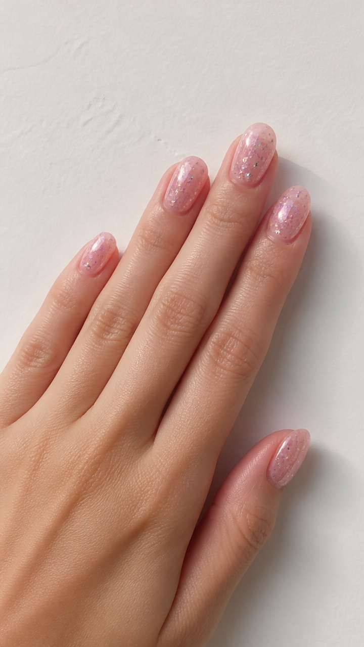 Milky Pink Jelly Nails with Floating Glitter