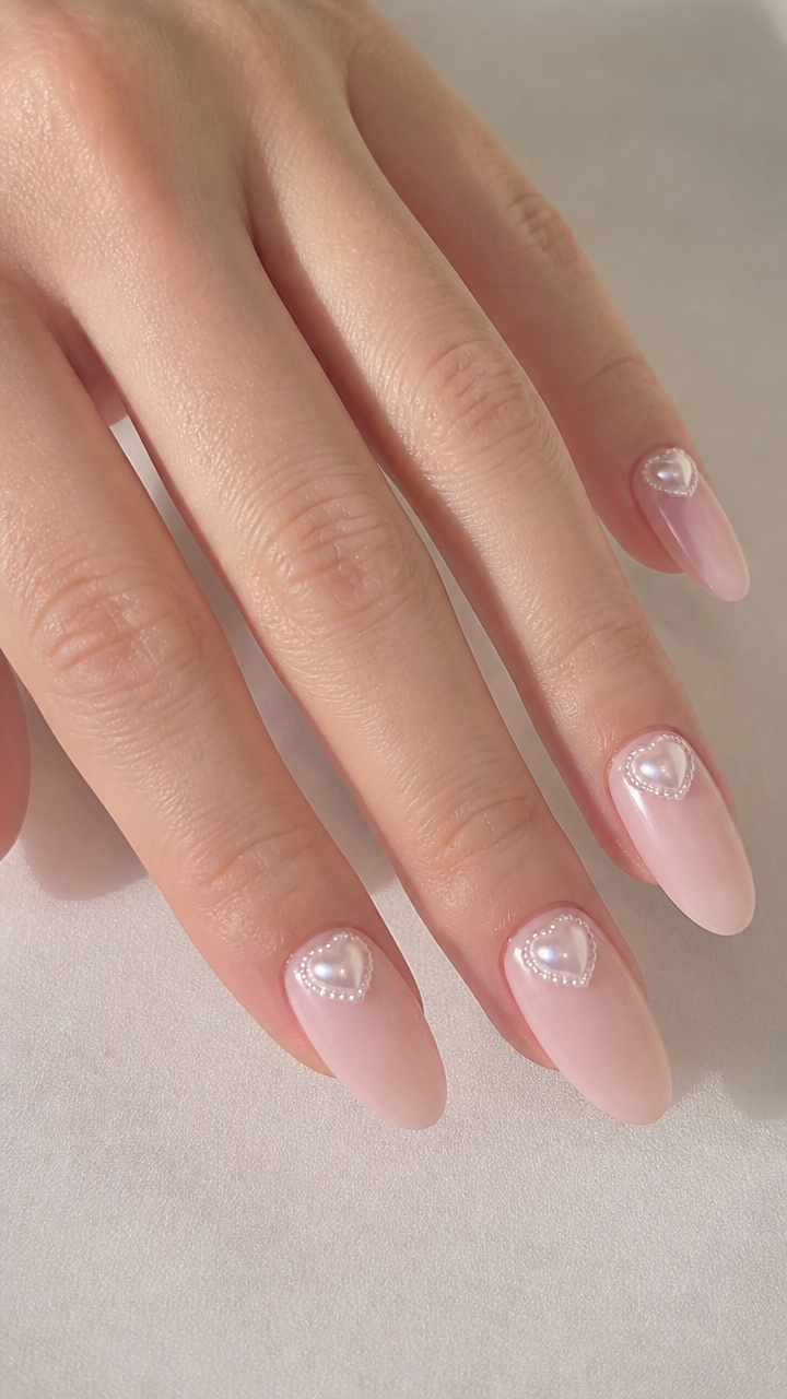 Milky Pink with 3D Pearl Hearts