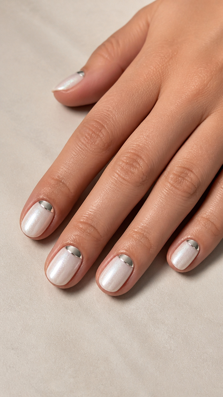 Pearlescent White Round Nails with Silver Half-Moons