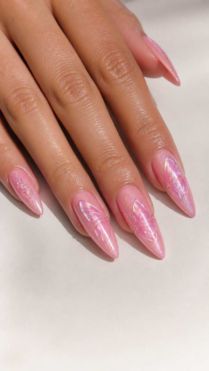 Pink Butterfly Wing Accent Nails