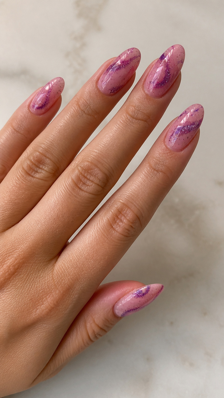 Pink Galaxy Nails with Purple Glitter Swirls
