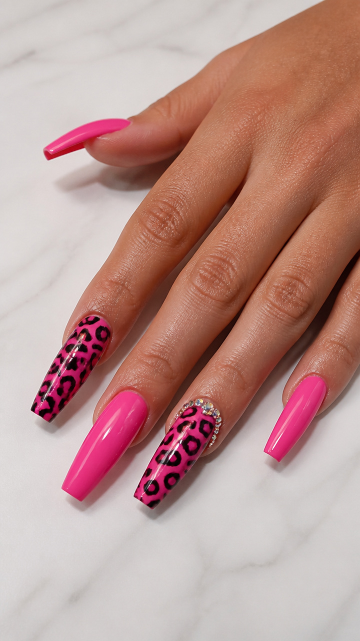 Pink Leopard Print Coffin Nails