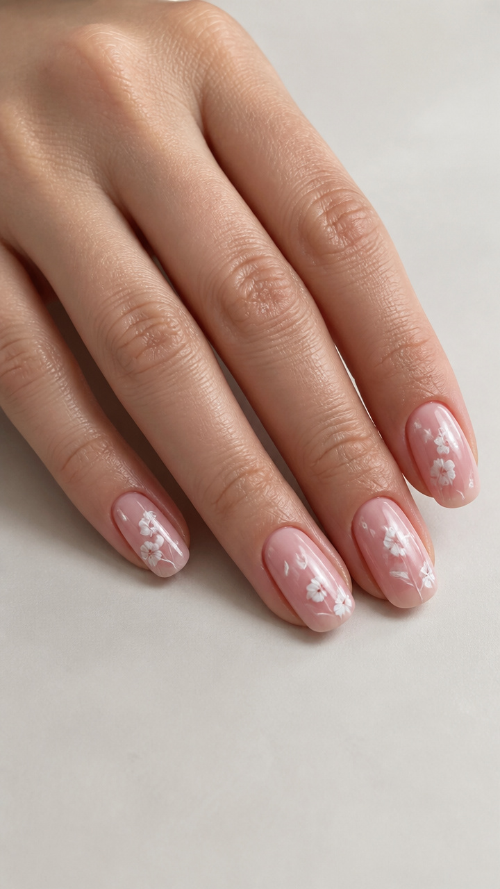 Pink Nude Base with Delicate White Florals