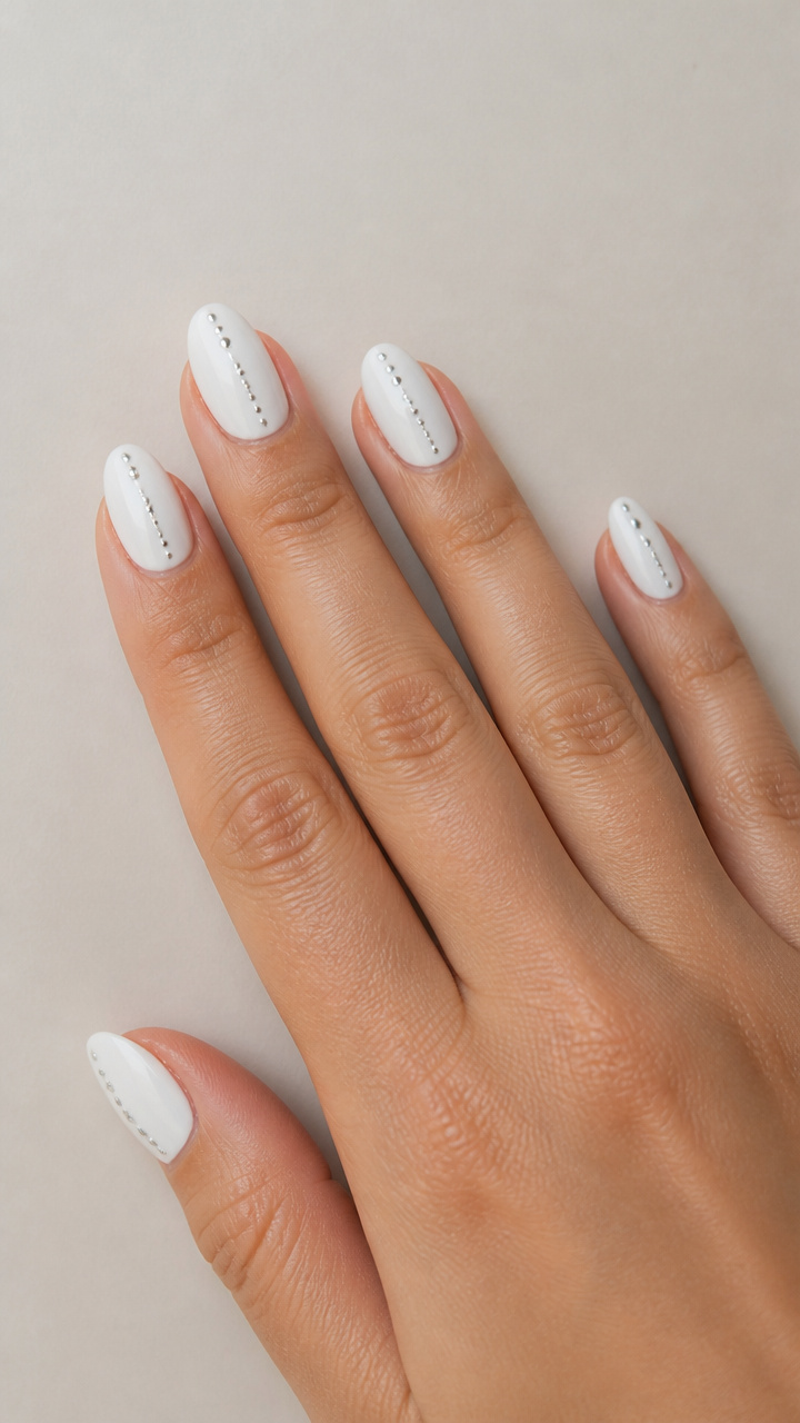 Short White Almond Nails with Silver Dot Sequences