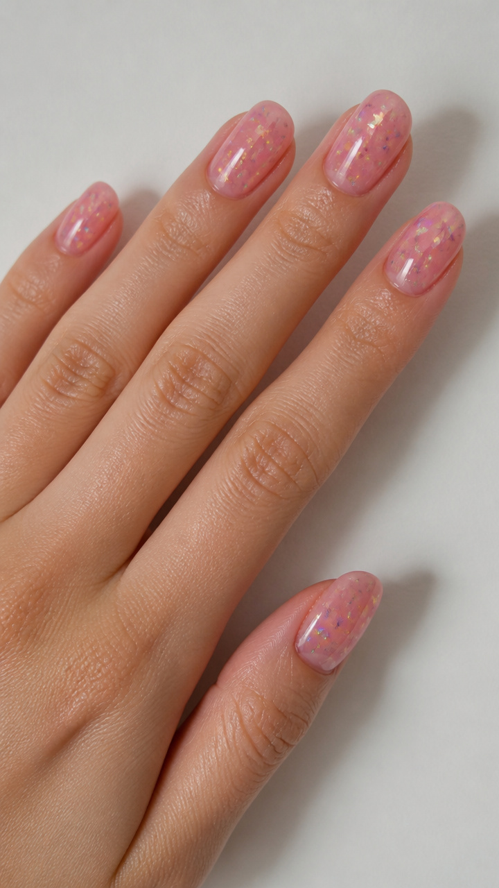 Soft Pink Jelly Nails with Floating Holographic Flakes