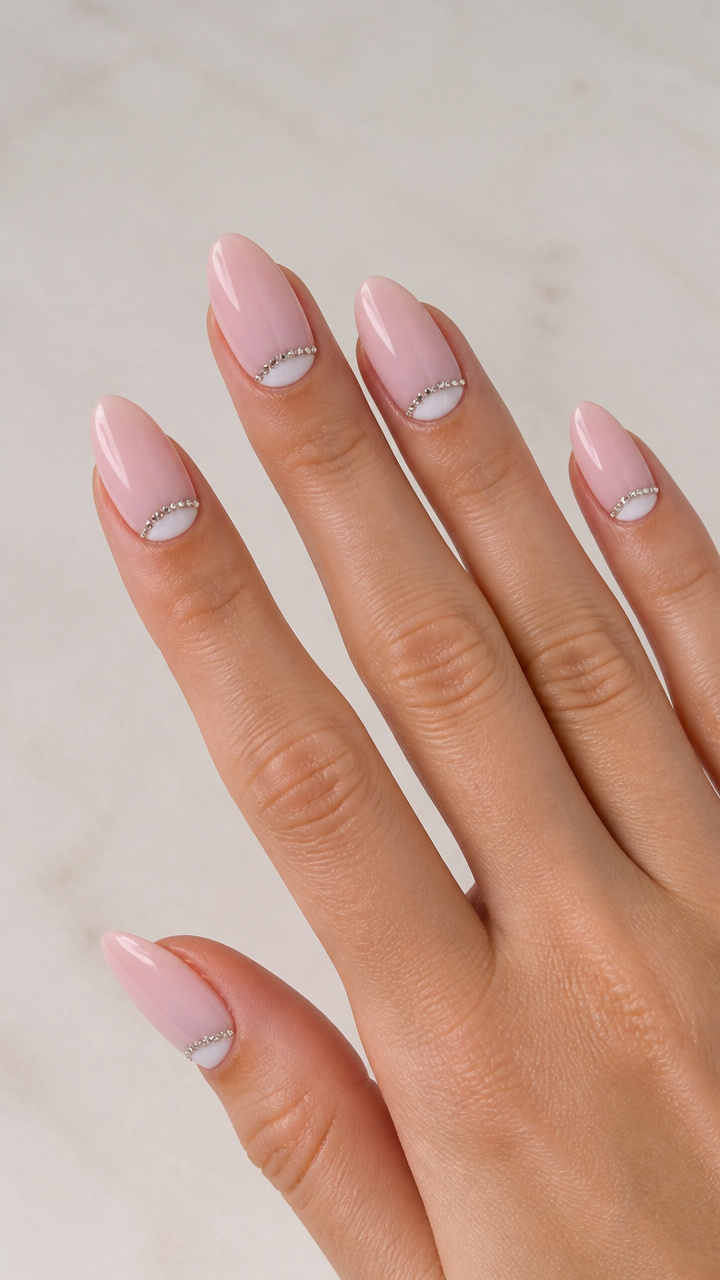 Soft Pink Moon French with Rhinestones