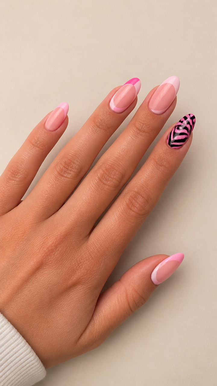 Two-Tone Pink French Tips with Zebra Stripe Accent
