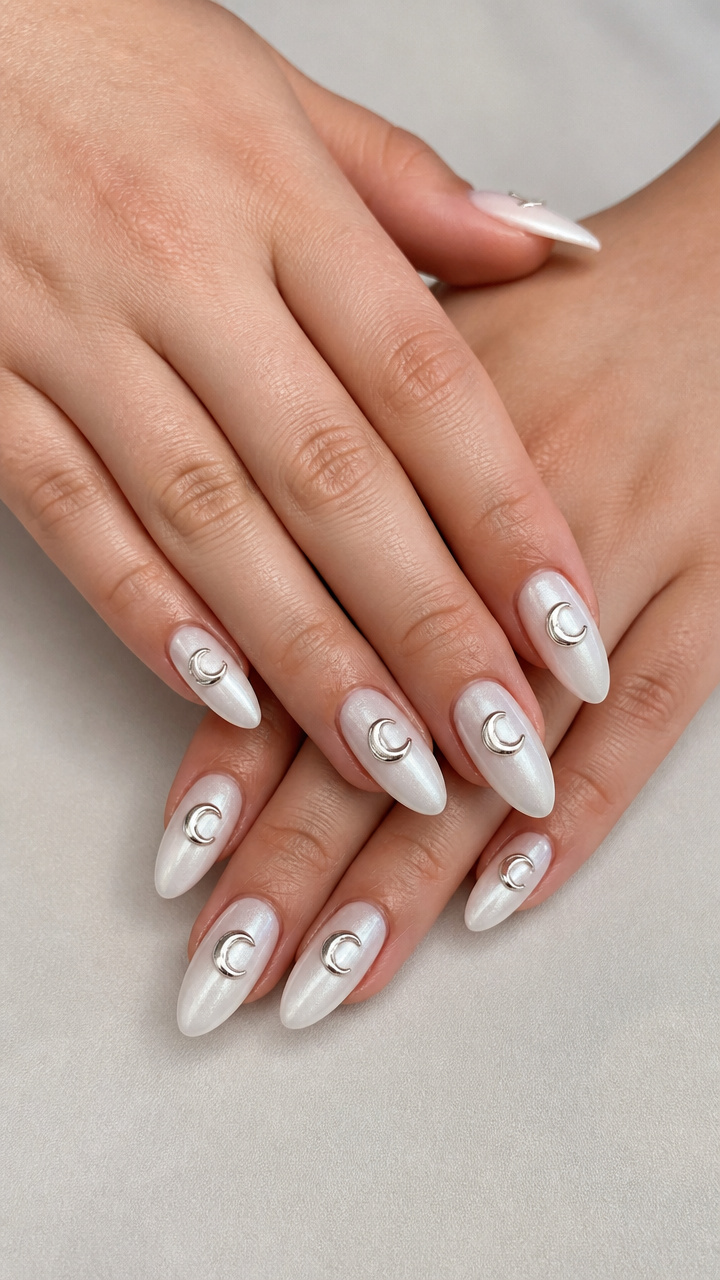 White Almond Nails with Silver Crescent Moon Charms