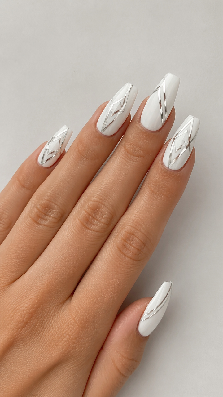 White Ballerina Nails with Silver Geometric Lines