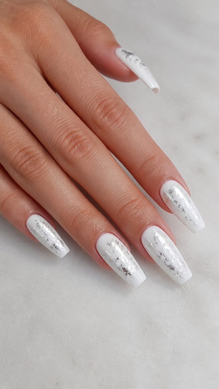 White Coffin Nails with Silver Foil Flakes