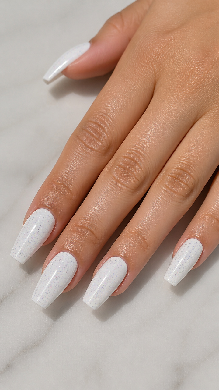 White Coffin Nails with Silver Holographic Speckles