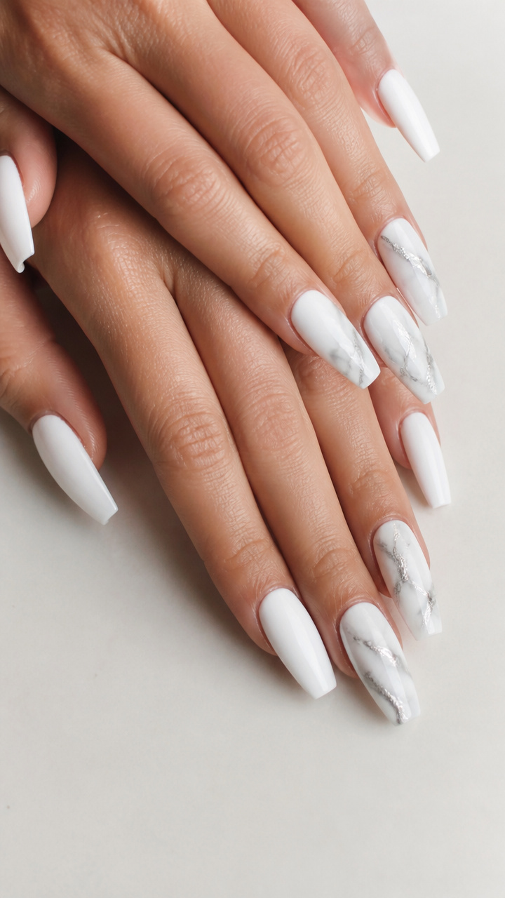 White Gel Nails with Silver Marble Accents
