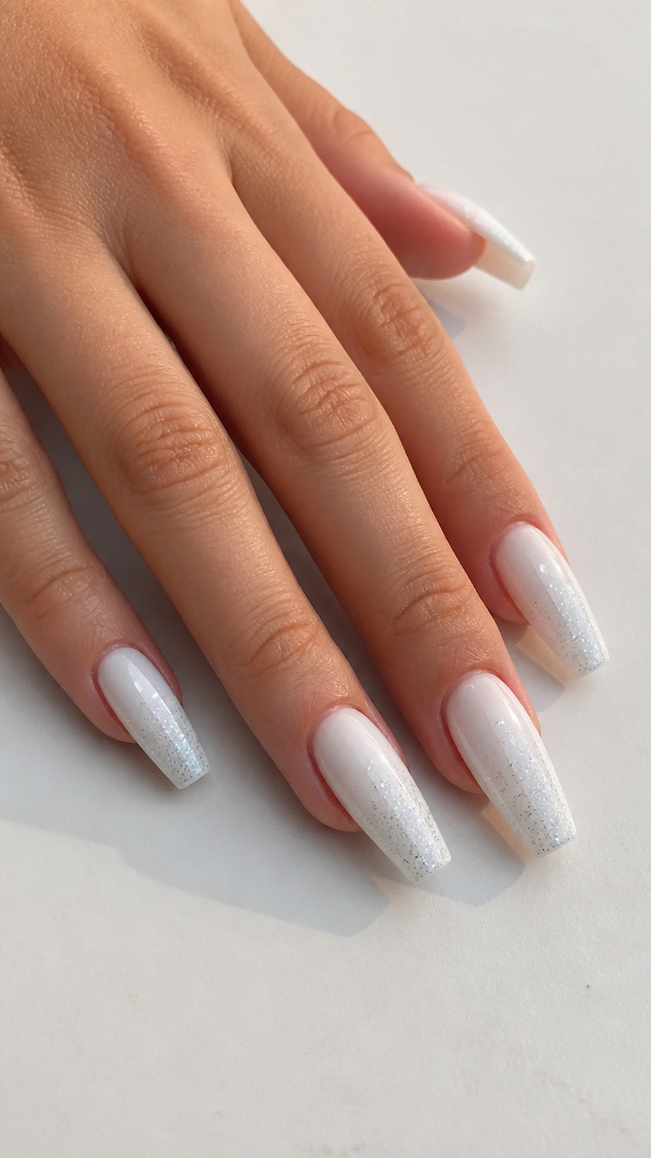White Glossy Coffin with Barely There Glitter