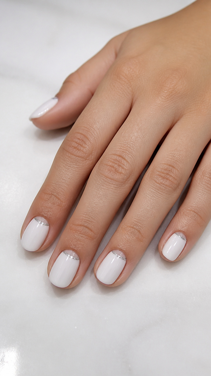 White Round Nails with Silver Glitter Cuticle Accents