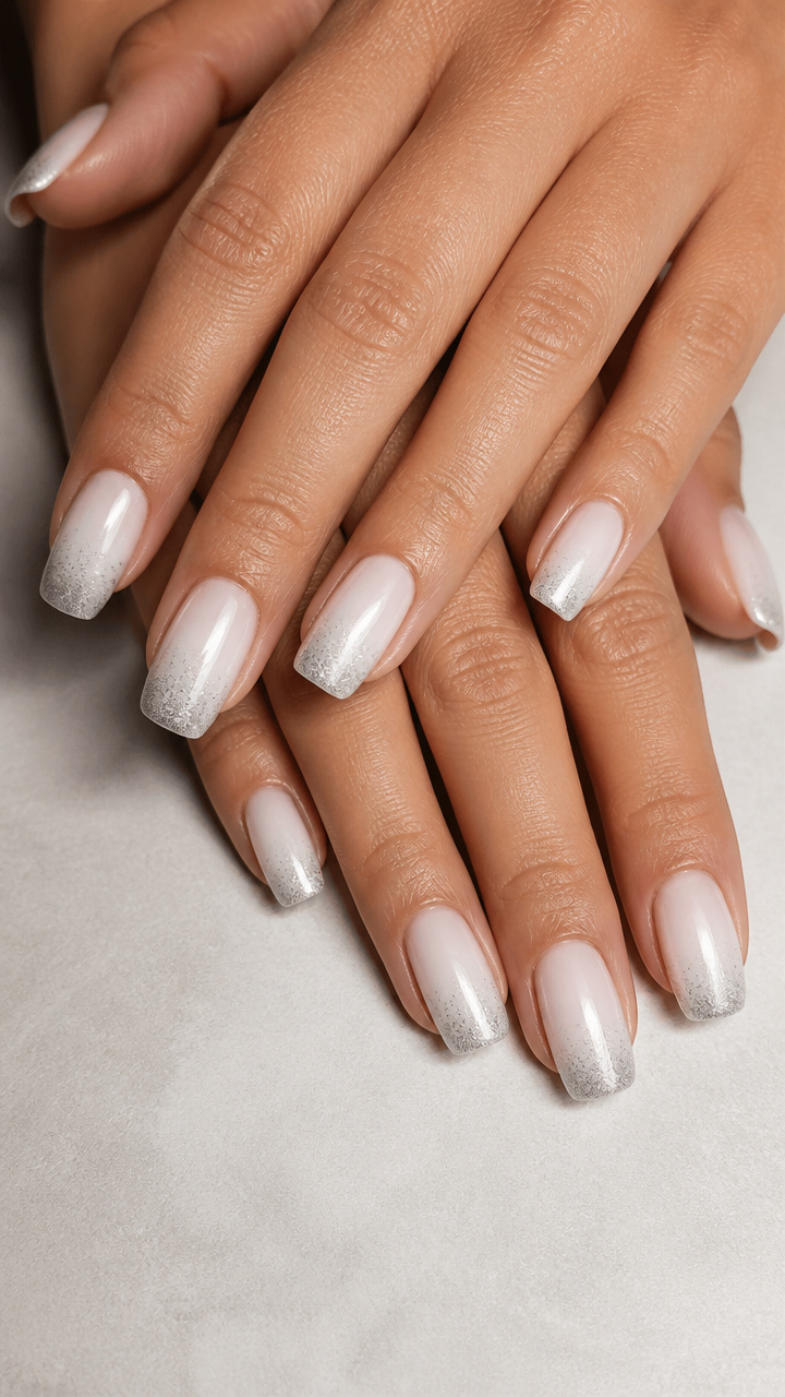White Squoval Nails with Silver Gradient Ombre