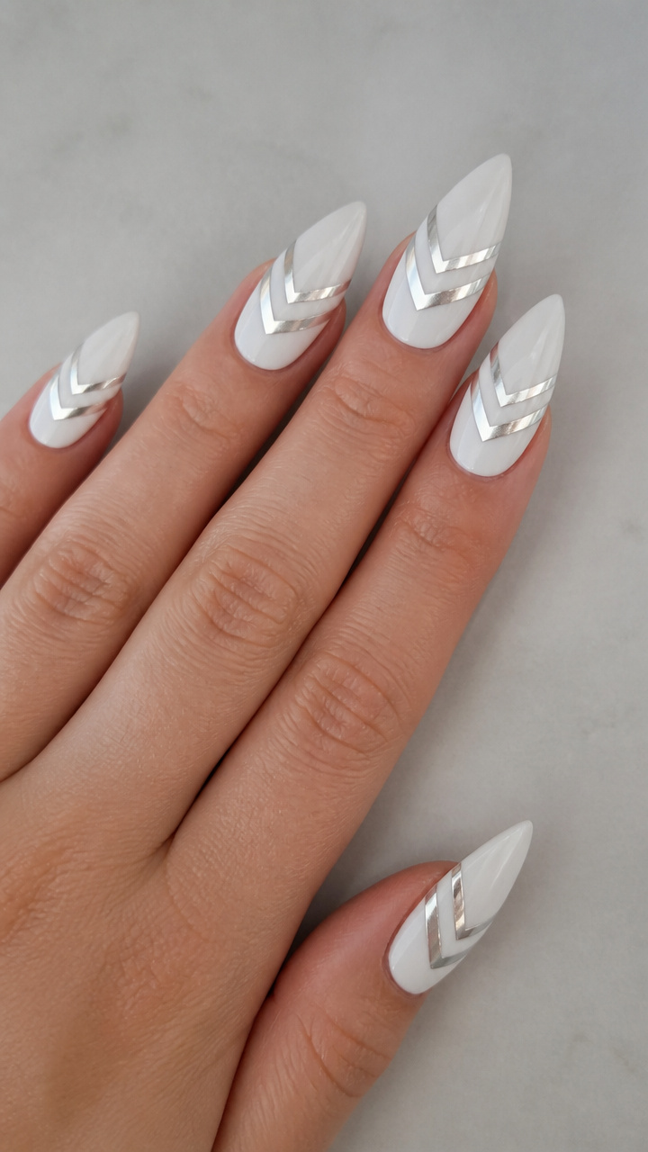 White Stiletto Nails with Silver and White Chevron Stripes