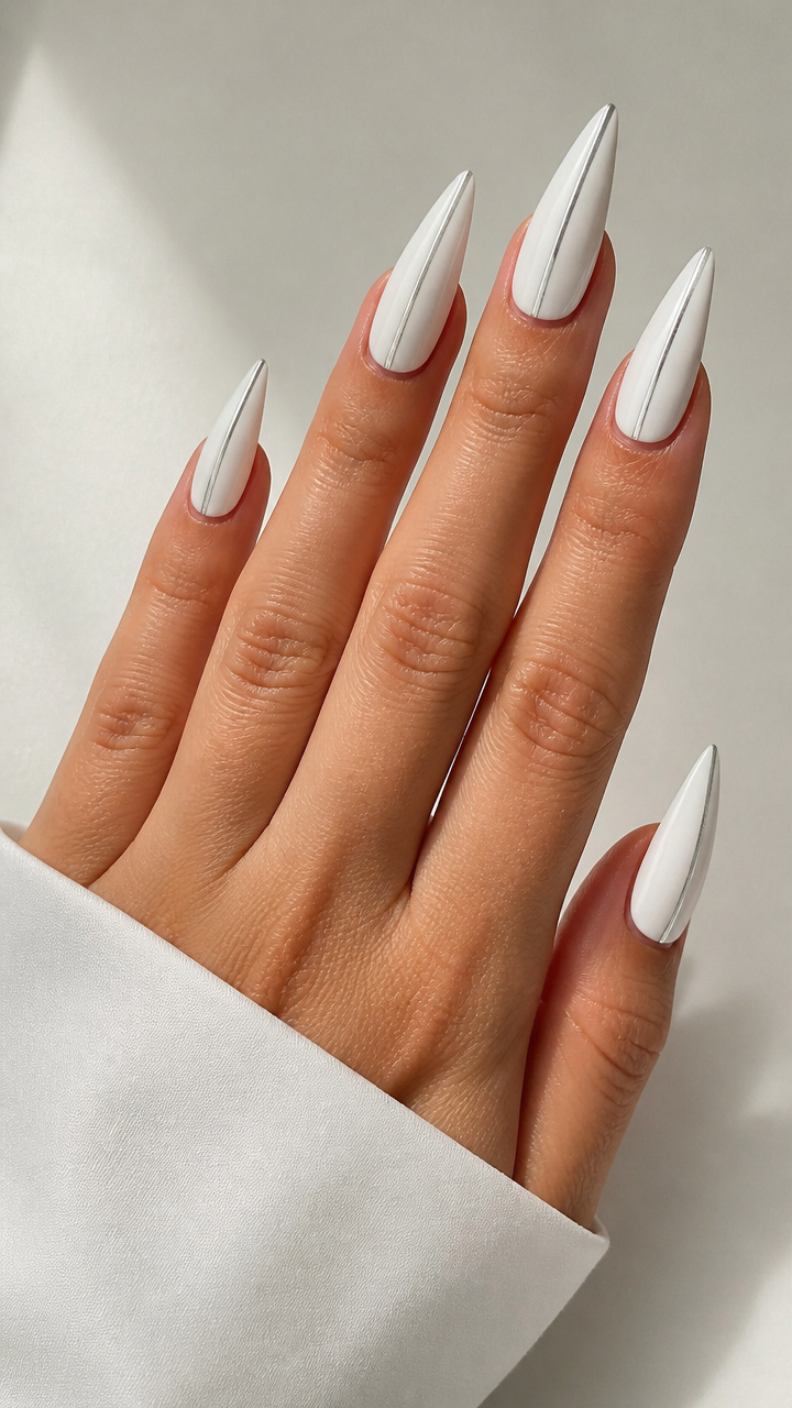 White Stiletto Nails with Silver Linear Stripes