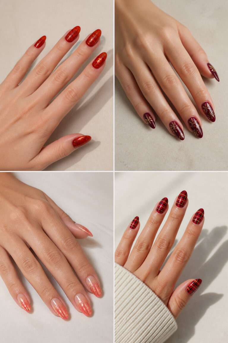 15 Christmas Nail Designs for Almond Nails With Red and Gold Details