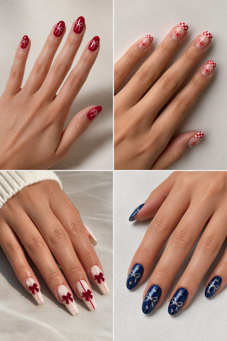 15 Cute Christmas Nail Designs With Bows, Ribbons, and Festive Details