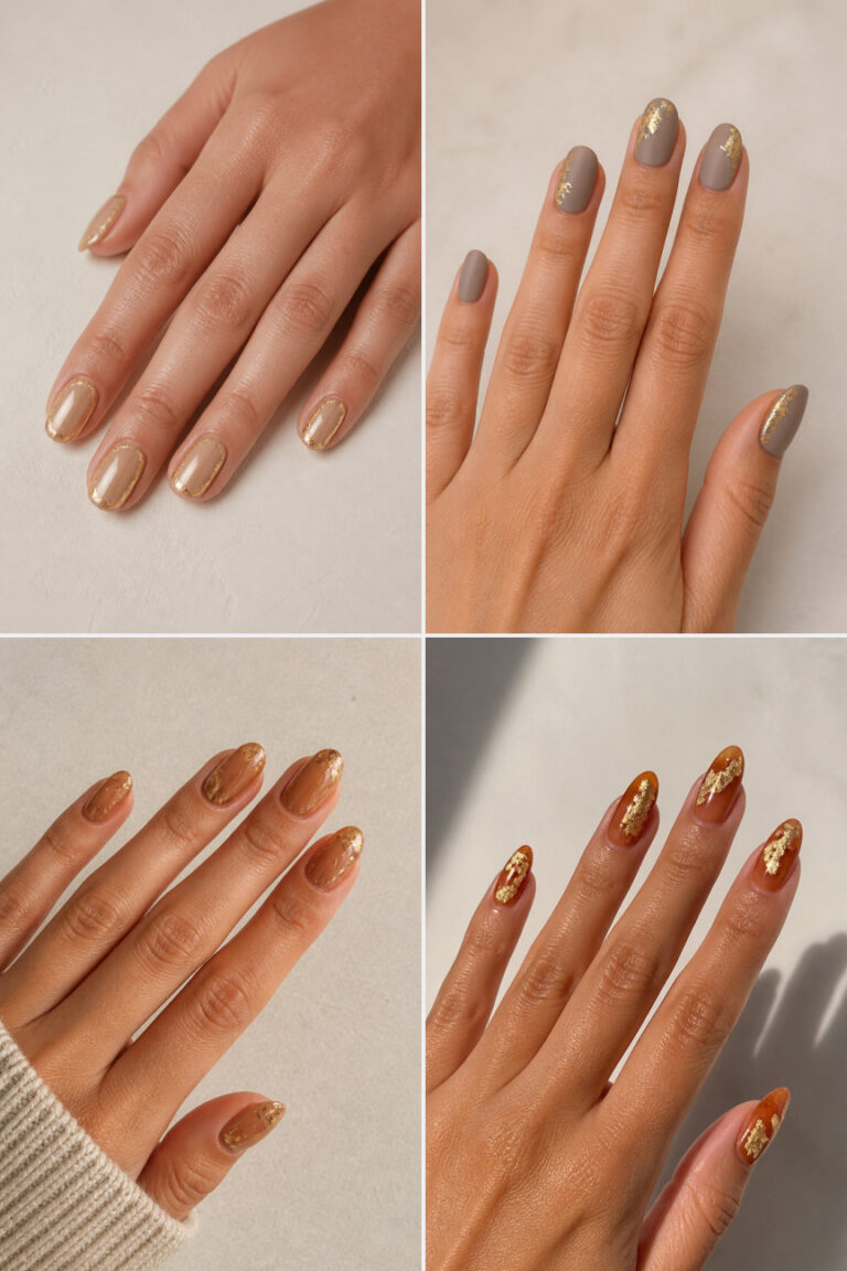 15 Elegant Thanksgiving Nail Designs With Gold Leaf and Neutral Colors