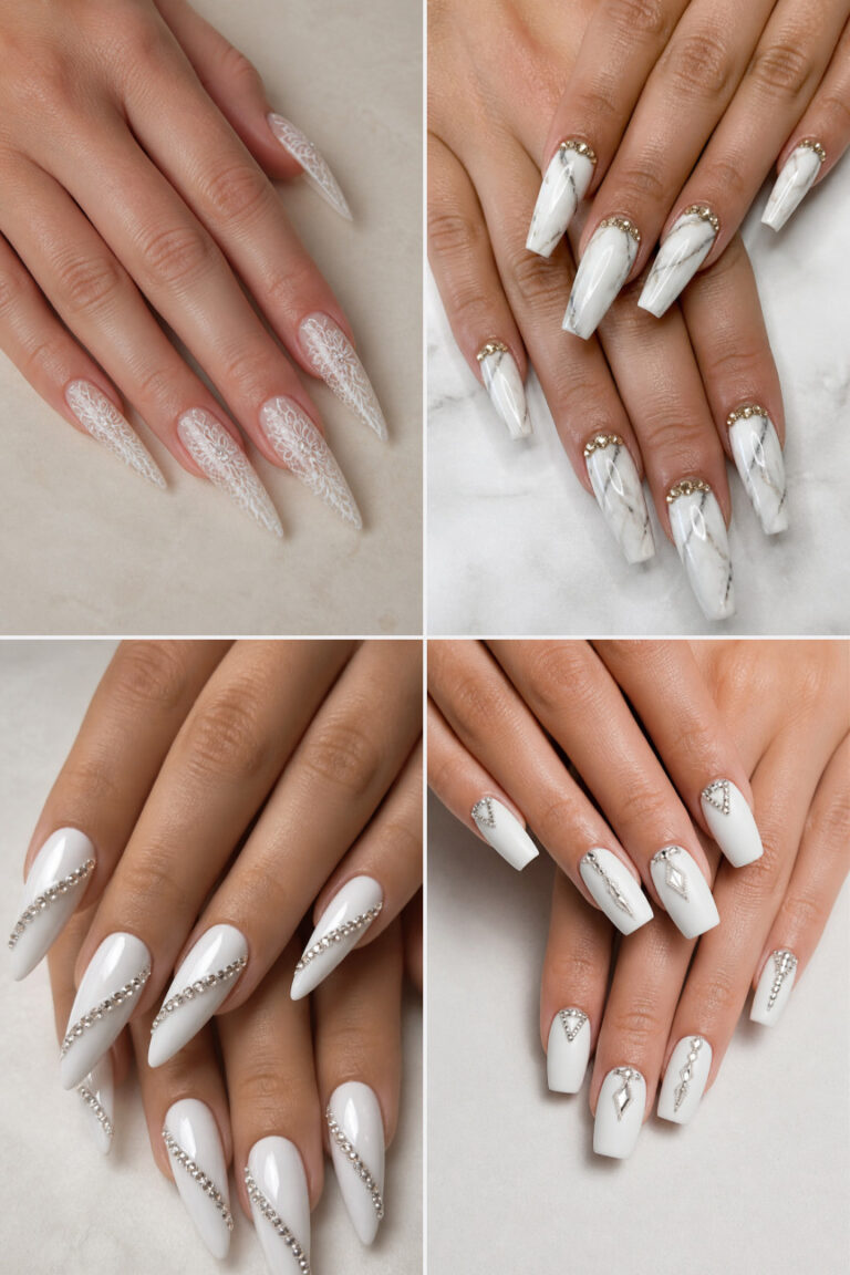 15 White Nails with Rhinestones