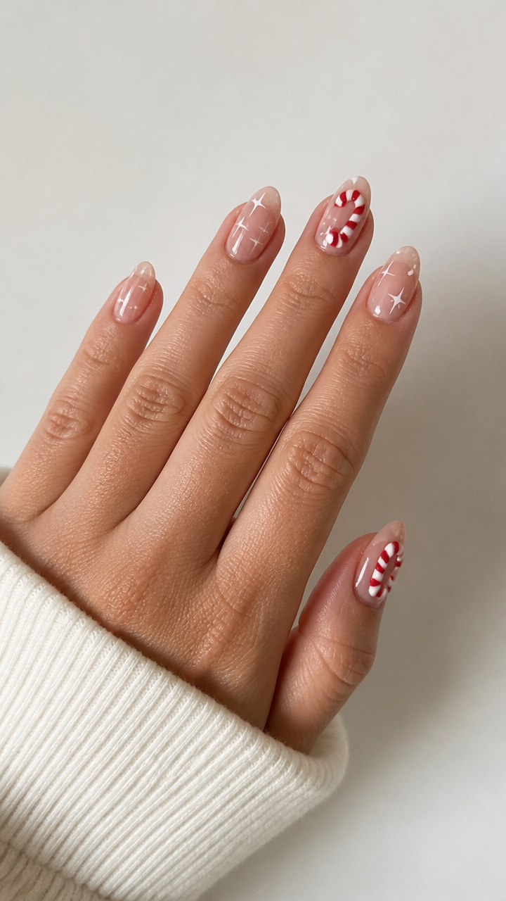 3D Candy Cane Accent Nails with Clear Gel Base