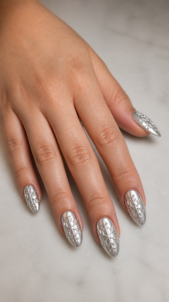 All-Over Silver Mirror Powder with Raised 3D Snowflake Sculpting