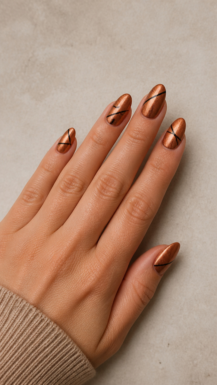 Almond-Shaped Nails in Metallic Copper with Black Geometric Lines