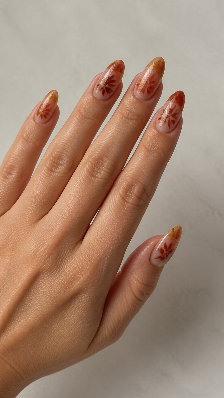 Autumn Leaf Gradient Almond Nails with Clear Gel Caps