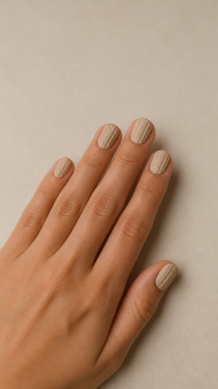 Beige Knit Texture Pattern on Round Nails