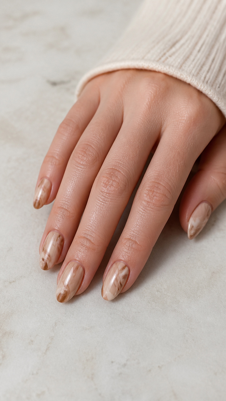 Beige Nails with Swirling Milk Foam Art in Soft Brown