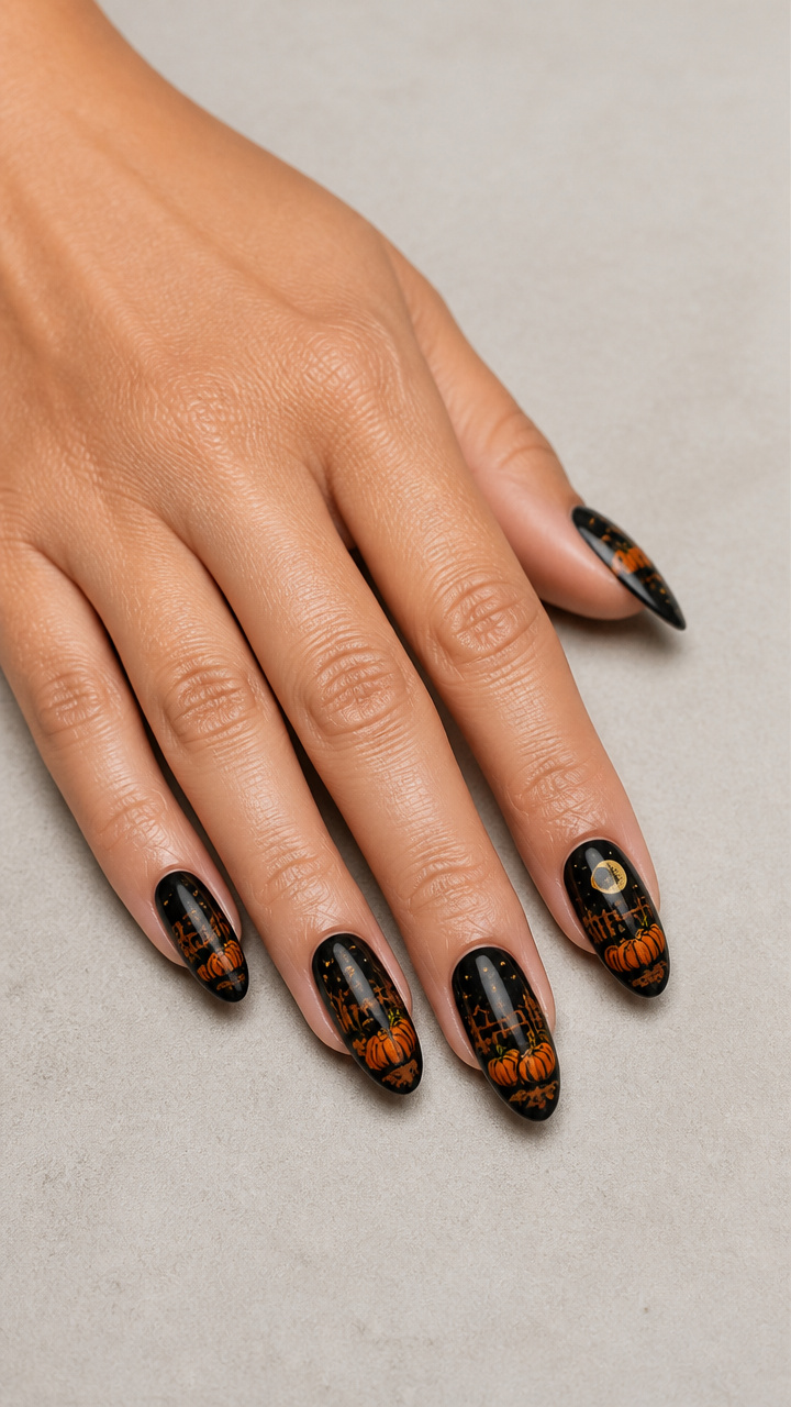 Black Almond Nails with Orange Pumpkin Patch Scene Painting
