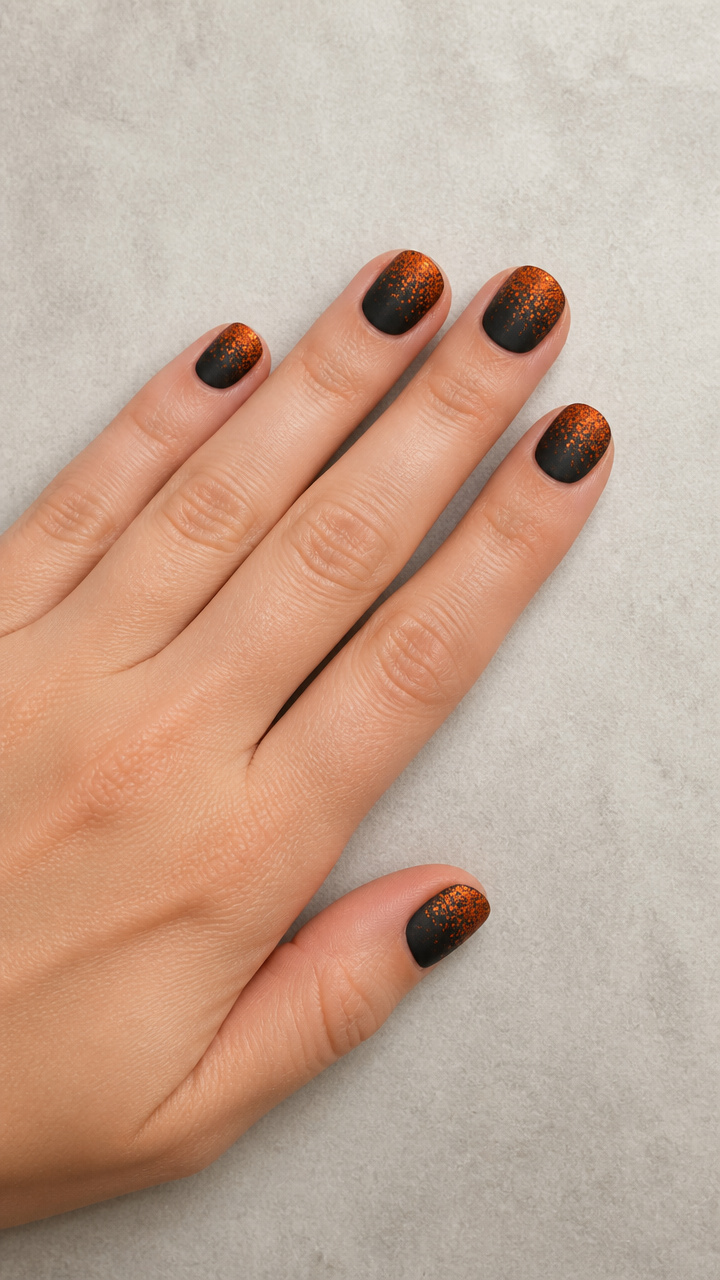 Black and Orange Glitter Fade with Matte Top Coat