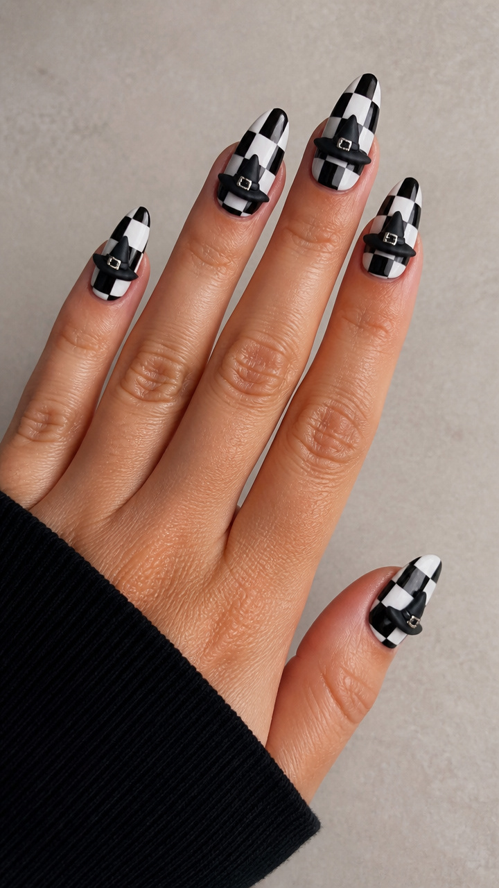 Black and White Checkerboard Almond Nails with Mini Witch Hat Toppers