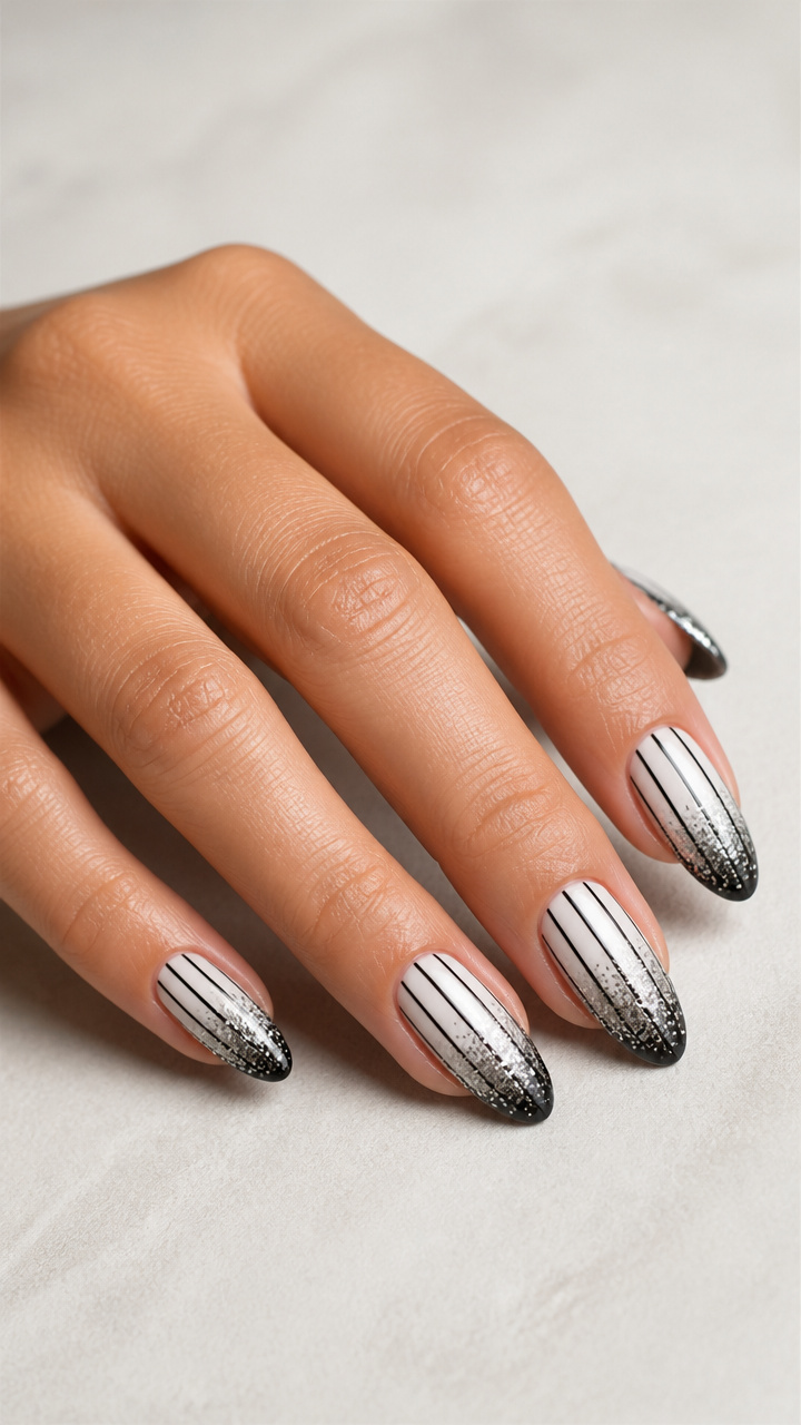 Black and White Pinstripe with Silver Glitter Gradient